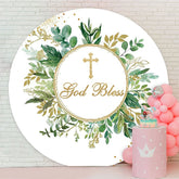 Aperturee - Green Leaves Gold Glitter Round Baby Shower Backdrop